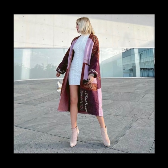 New NWT $199 Zara Embroidered Patchwork Kimono Burgundy Small Medium Large